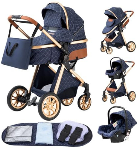 YAZOCO kinderwagen 3 in 1 Buggy Babybett Komplett Set Einem Klick Zusammenklappbarer Kinderwagen, KombiKinderwagen Aluminiumrahmen für Neugeborene Sitzzubehör (4 Blau)