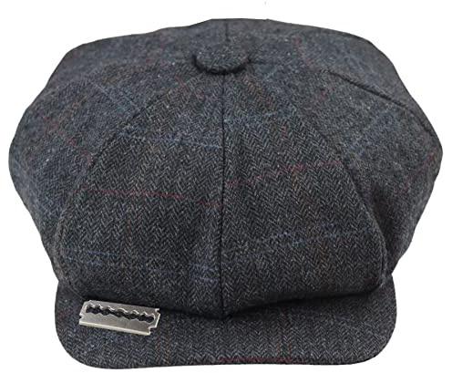 TruClothing Mens 8 Panel Razor Baker Boy Hat Wool Tweed Blinders Newsboy Flat Cap Blue Check Charcoal - Grey Razor L