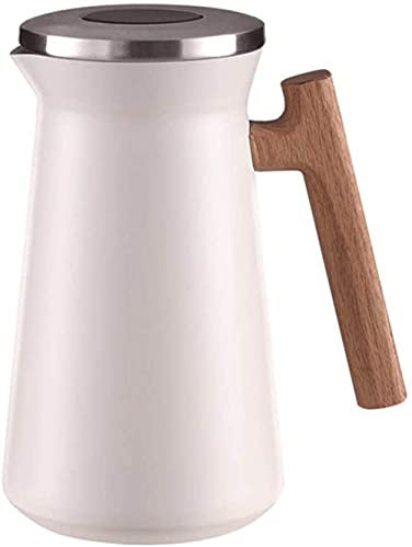 YZJSSL Pichet Isotherme 1 Litre en Acier Inoxydable Thermos à café Double par rétention à la Chaleur de 12 à 24 Heures avec Manche en Bois Pichet en Acier Inoxydable pour café, thé,-White