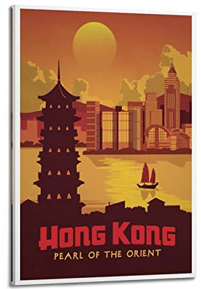 YUANLY Vintage-Reiseposter Hongkong, Pearl of the Orient, dekoratives Gemälde, Leinwand, Wand- und Kunstbild, Familien-Schlafzimmer, Dekoration, 50 x 75 cm