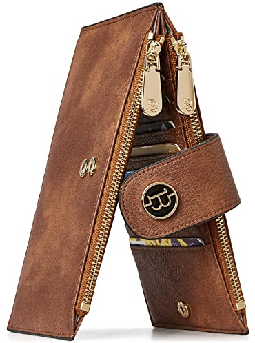 BOSTANTEN Portefeuille en cuir souple pour femme avec bloc RFID - Nombreux compartiments pour cartes - Compartiment pour la monnaie avec fermeture éclair, Marron vintage 6, m, Pince à billets