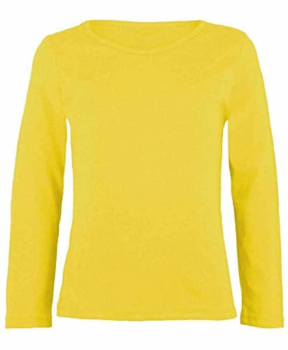 Generation-Plus+® Girls Boy Kids Plain Basic Long Sleeve Round Neck T-Shirt Stretch Uniform PE School Tee Top (Yellow, 7-8 Years)