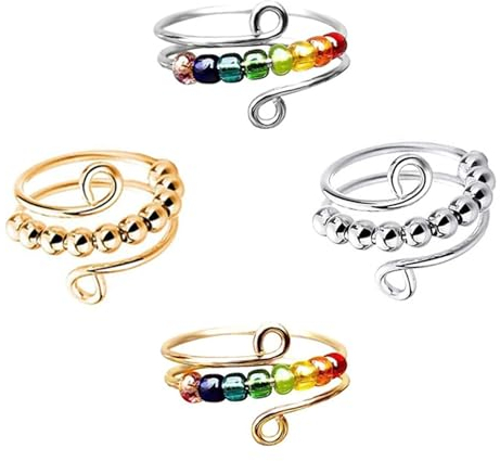 VIKY 4 Stück Verstellbare Anti Stress Ring, Linderung von Ängsten Anxiety Ring Bunte, Angst Spinning Ringe mit Perlen,Offene Fidget Rings, Antistress Ringe Stressringe für Mädchen und Frauen