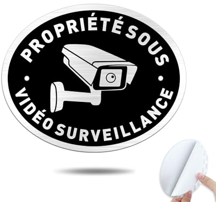 Goodvia Adhésif Panneau Propriété Privée sous Surveillance Vidéo Ovale 15x12cm Aluminium Brossé avec Trous Pré-percés Noir Classique/1 pièce