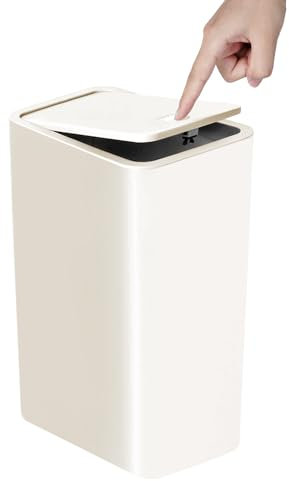 TIPGO Bote de basura para baño con tapa, bote de basura delgado de 10 litros/2.6 galones, pequeño cubo de basura con tapa desplegable para cocina, dormitorio, sala de estar, oficina (blanco)