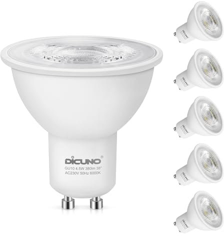 DiCUNO GU10 LED Bulbs Cool White 6000K, 4.5W 380LM Energy Saving GU10 LED Light Bulbs, 40W Halogen Spotlight Equivalent, Non-dimmable for Home Lighting Decor, 38° Beam Angle, 6 Pcs