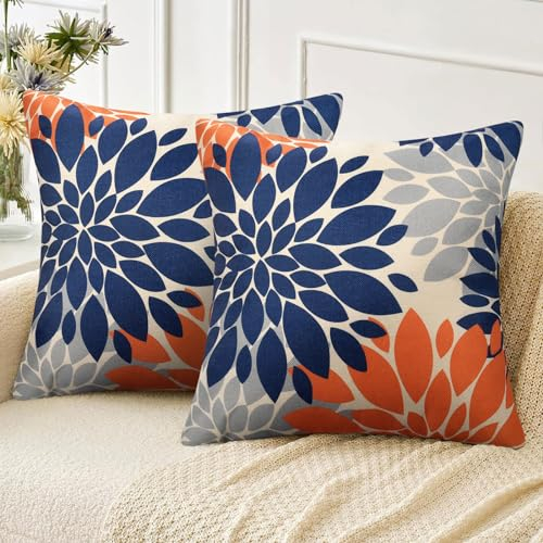 Velvhom Kissenbezüge Dekokissen Winter Leinen Kissenbezug Dekokissen Kissenhülle Sofakissen Dahlie Orange Blau Grau Deko Bezug Couchkissen Zierkissen Kissen für Sofa Wohnzimmer Schlafzimmer 50x50 cm