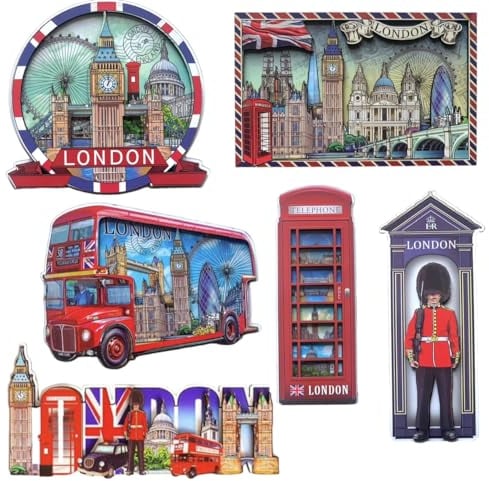 London Wooden Magnets - Set of 6 London Souvenirs Wood Fridge Magnets - Union Jack England Famous Icons Pictures Wooden Fridge Magnet - British Souvenirs Magnet