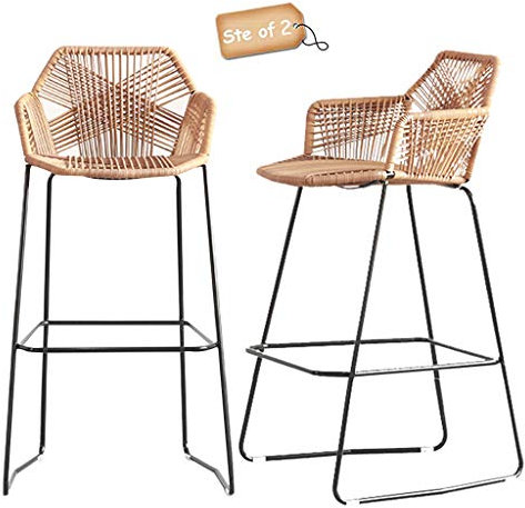 Nordic Barhocker 2er Set – Eisen Rattan Korbgeflecht Hohe Rückenlehne Stuhl mit Rückenlehne, Fußstütze & Schwarz Metallbeine – Ideal für Cafés & Restaurants