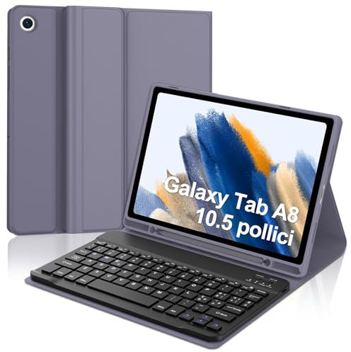Samsung Galaxy Tab A8 10.5 Cover Con Tastiera Italiana Bluetooth Rimovibile, Custodia Magnetica Per SM-X200/X205/X207, Viola Lavanda