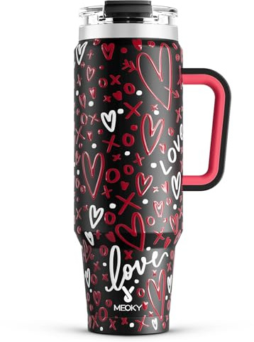 Meoky 40 oz Tumbler with Handle and Straw, Insulated Tumbler with Lid and Straw, Stainless Steel Travel Mug, Keeps Cold for 34 Hours, 100% Leak Proof, Fits in Car Cup Holder (Romance)