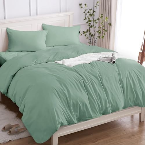 Housse de Couette 100% Coton 1 Personne 155x200 (1 Taies Oreiller 50x80), Parure Lit de Qualité Supérieure en Coton 150GSM,Doux, Respirant, Hypoallergénique - Vert d'eau