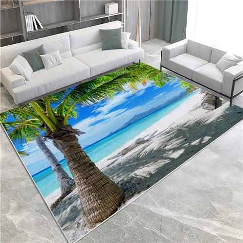Blau Waschbarer Rutschfester Teppich 180 x 240 cm, Palmen Am Meer Kurzflor Teppich Bodenläufer für Flur Eingangsbereich Wohnzimmer und Hochfrequentierte Bereiche