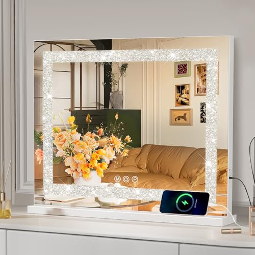 Hansong Schminkspiegel mit Beleuchtung Crystal Crush Diamond Mirror, Dimmbarer Touchscreen Hollywood Spiegel mit LED Strip, Schminkspiegel mit USB Anschluss für Tisch- oder Wandmontieren