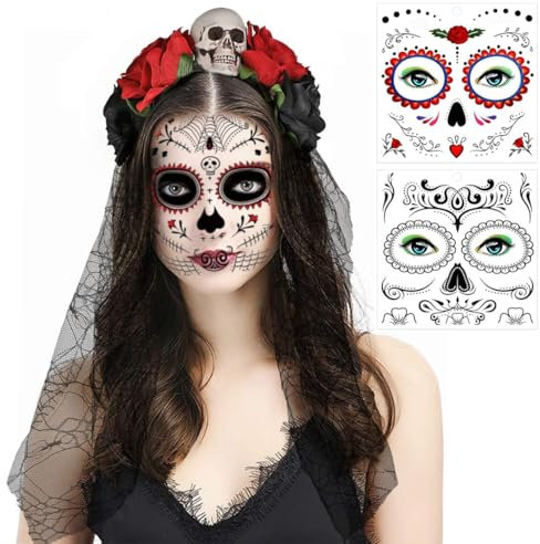 Halloween Giorno dei Morti Cerchietto, Cerchietto Giorno dei Morti Rose, Cerchiettos Dia De Los Muertos Accessori, Carnival Headband and Veil Face Tattoo, per Carnevale Giorno Cosplay dei Morti Feste