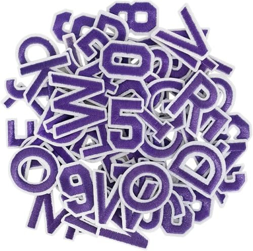 TXSN 72pcs Iron on Letters and Numbers Patches, Embroidered Letters and Numbers Applique Patches for Clothing, Hat, Jacket, Jeans, Backpacks, Bags and More, Purple