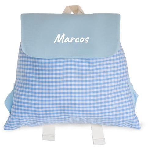 Transparent Gift Mochila Infantil Personalizada con Nombre para Niños. Mochila Diseño a Cuadros Azul para Colegio y Excursión. Mochilas Infantiles para la Vuelta al Cole.