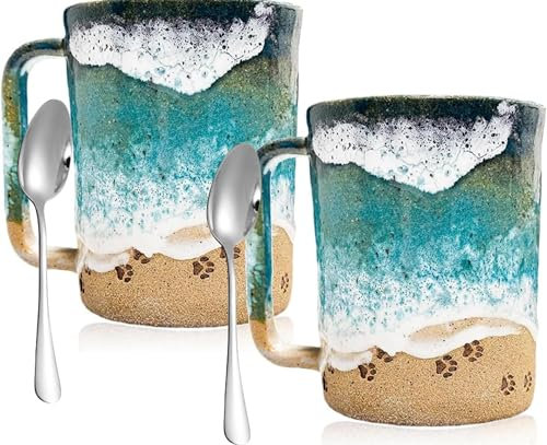 Paw Print Ocean Shoreline Mug With Spoon, Handmade Ceramic Coffee Tea Cup, Funny 3D Cape Shore Ceramic Cup, Souvenir (1)