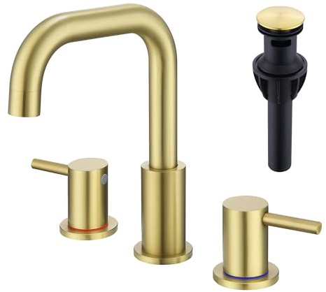 JXMMP Rubinetto da bagno in oro spazzolato, 8 pollici oro diffuso rubinetto per lavabo da bagno 3 fori con scarico pop-up e linee di alimentazione, rubinetto in acciaio inox a 2 maniglie oro per bagno