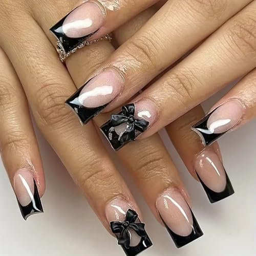 Calkkrer 24 Stück Schwarze French Press On Nails, Quadratische Künstliche Nägel Mit Schleife, Nägel Zum Aufkleben, Falsche Nagelspitzen, Künstliche Fingernägel, Fake Nägel