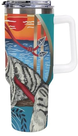 Ninja Cat 40oz Car Coffee Cup Reusable Travel Mug Double Wall Thermal Insulated with Lid Hot Cold Drinks White-Style