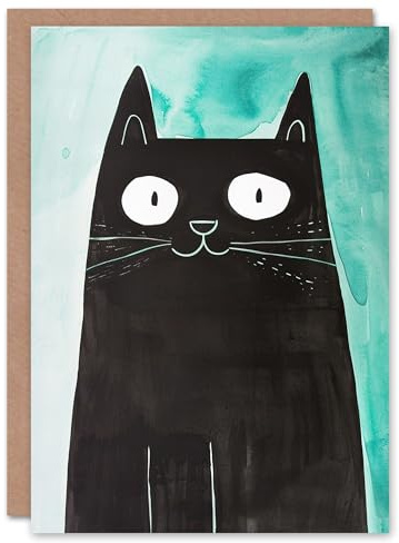 Artery8 Black Cat Lover Cute Watercolour Cartoon Animal Blank For Him Or Her Art Birthday Card