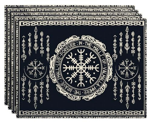 imposyu Tischsets Abwaschbar 4 Stück Baumwolle Leinen Tischsets Wikinger Platzsets Baumwolle Platzdeckchen Platzsets Abwaschbar Leinen rutschfest Tischuntersetzer für Küche Speisetisch