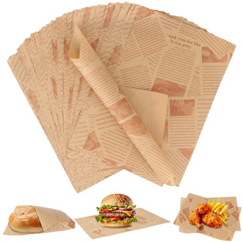 150 Blatt Backpapier Zeitungsoptik,Burger Papier Wasserdicht und Ölbeständig,Großformat 30×20cm Butterbrotpapier Käsepapier,Antihaft Backpapier für Sandwiches, Pommes Frites, Burger, Kuchen