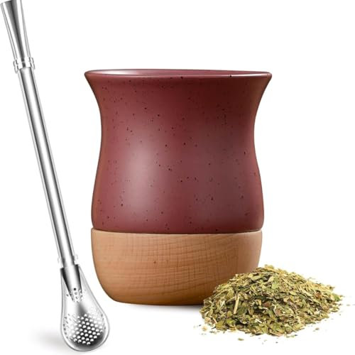 YAYA Market Set Mate de Cerámica y Madera 240 ml (Bordeaux) – Incluye mate Premium, Bombilla de Acero y Cepillo de Limpieza – Ideal para Preparar Yerba con Estilo Moderno y Tradicional