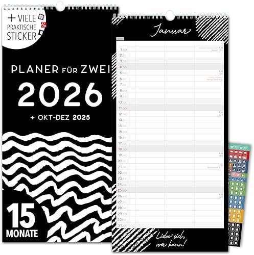 Paarplaner 2026 3 Spalten SCHWARZ-WEIß Planer für Zwei 2026 STICKER Recycling Urlaub Partnerkalender 2026 16x32,5cm, inkl. Okt-Dez 2025 Wandplaner Paar 2 Personen, Pflanzkalender black white