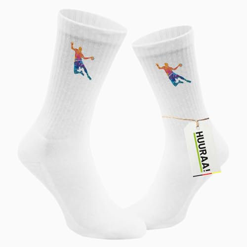 Huuraa Unisex Socken bunte Handball Silhouette Geschenk Größe 37/41 White Motiv Tennissocken bunte Handball Geschenkidee
