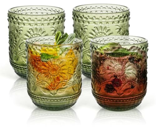 AstraLoom Lot de 4 verres à eau vintage 360 ml, motif tournesol en relief, passent au lave-vaisselle, verres à vin, whisky, bière, jus (vert)