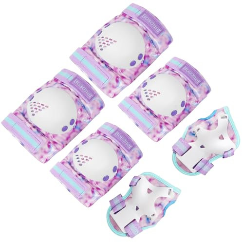 Juego de rodilleras y coderas para niños y jóvenes, equipo de protección para patines de ruedas, ciclismo, BMX, monopatín, patinaje en línea, scooter, equitación, deportes (morado fluorescente