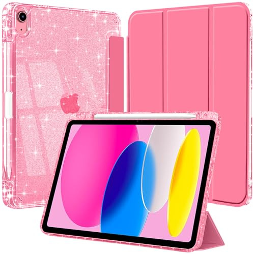 Pailleté Coque pour iPad A16 11ème/10ème Gén 2025/2022 Étui Rouge Pastèque | Porte Stylet Bumper TPU Souple Dos Transparent Support Tri Pli Protection Antichoc Léger Tablette Angles Multiples Brillante