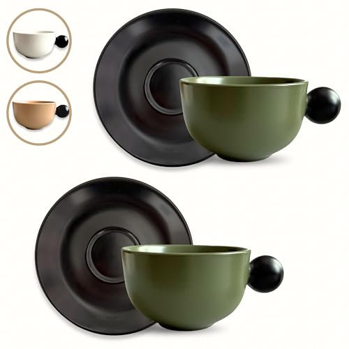 Breezy Nest Ceramic Cup and Saucer Set of 2-200ml Nordic Style Coffee Mugs with Round Knob Style Handle, Black and Beige, Microwave and Dishwasher Safe (Black and Green)