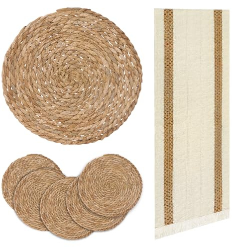 Niviy Runde gewebte Platzsets, 6 Stück, mit 183 cm langem Makramee-Tischläufer, Jute, Baumwollleinen, Tischläufer, Ladegeräte für Speiseteller, Beige und Braun
