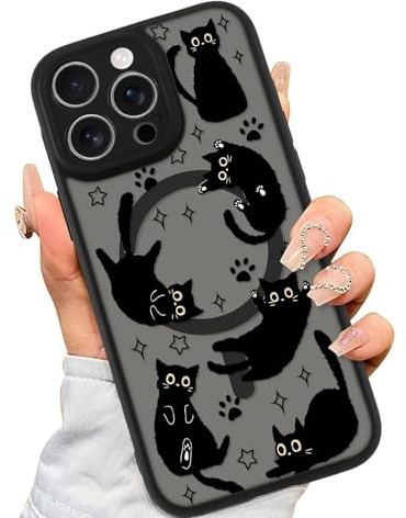 Yirlbey Magnetisch Handyhülle für iPhone 15 Pro Max 6,7 Hülle, Kompatibel mit MagSafe, Aesthetic Schwarz Katze Motiv Design Transluzente Mädchen Case, PC + TPU Stoßfest Kameraschutz Schutzhülle Cover