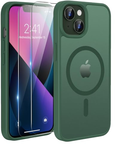 TQIAHF Cover Custodia Magnetica per iPhone 13 / iPhone 14, Verde | 2 Pellicola Vetro Temperato Protezione Schermo Compatibile con Magsafe Militare Antiurto Sottile Opaca Telefono Case
