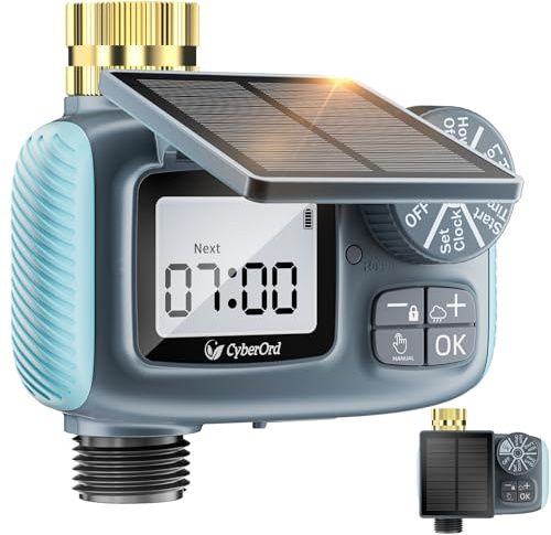 CyberOrd Timer Irrigazione Solare, Programmatore Automatico per Tubo da Giardino con Ritardo Pioggia/Modalità Manuale, 3/4 Ingresso in Ottone Energia Display LCD Ecologica per Prato e Giardino