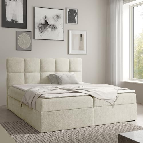 Home Collective Boxspringbett Polsterbett Doppelbett Bett mit Stauraum viele Größen & Farben | Topper inklusive | modernes Design mit Kassettensteppung Schlafzimmer Jugendzimmer | Creme 120x200 cm