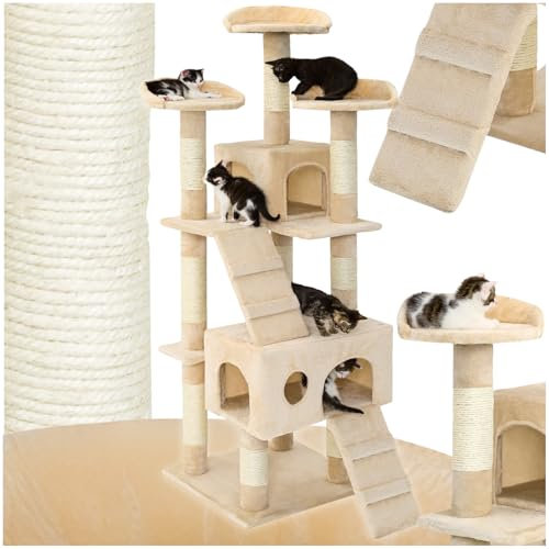 tectake® Katzen Kratzbaum groß, Katzenbaum mit 3X Sisal Kratzsäule sowie Katzen Zubehör 3X Liegeplatz sowie 1x Katzenhöhle und 2X Katzentreppe, mittelhoch für Katzen, Kitten und Kater - beige