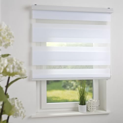 Liedeco Duo-Rollo Doppelrollo mit Kassette | B 100 x H 160 cm | Streifen - Weiß | lichtdurchlässig