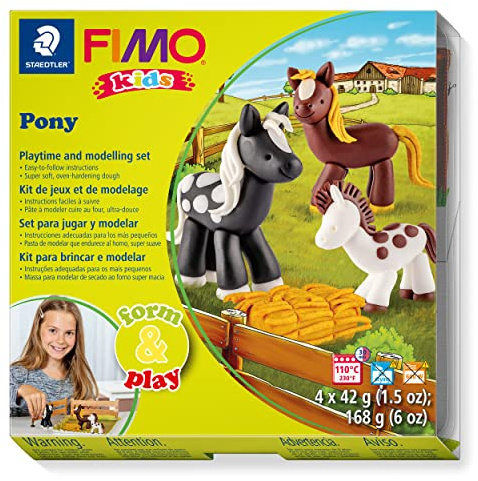 STAEDTLER 8034 08 LZ FIMO Kids Form&Play Playtime & Modelling Polymer Clay Set - Pony (Pack of 4 Blocks, Stickers, Modelling Tools & Background Scene)