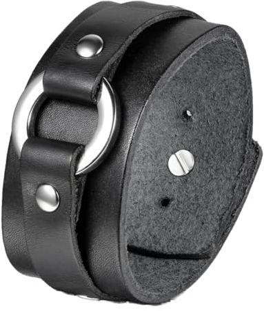 JewelryWe Schmuck Herren Leder Armband, Punk Rock Ring Kreis Breit Lederarmband Partnerarmband Armreif für Männer, Schwarz