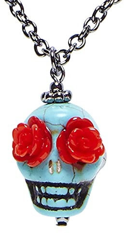 Widmann 03584 - Kette, mit hellblauem Totenkopf, mit roten Augen, Schmuck, Kostümaccessoire, Dia de los Muertos, Mottoparty, Karneval