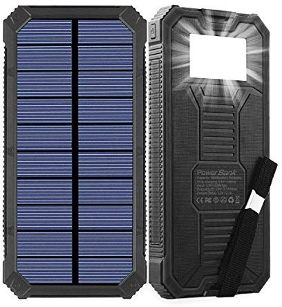 Caricabatterie solare, batteria solare portatile da 15000 mAh con due porte di uscita USB, caricabatterie solare esterno per cellulare, con torcia a LED, adatto per iPhone, iPad, Android, ecc.