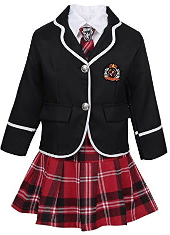CHICTRY Schuluniform Mädchen Bekleidung Set Japanischen Uniform Anzug Karierter Mini Rock & Mantel & Hemd & Krawatte Karneval Cosplay Verkleidung Schwarz 140-152