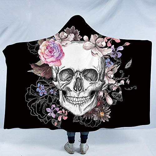 WWTZ Sugar Skull Flower Kapuzendecke für Erwachsene Floral Gothic Sherpa Fleece Wearable Throw Blanket Mikrofaser Schwarz