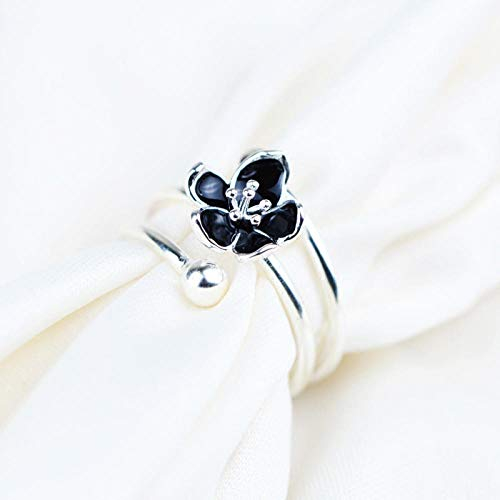 PRAK Damen 925 Sterling Silber Luxus Ringe,Retro Silber Offenen Schwarzen Kirschblüten Blume Ringe Frauen Sakura Verstellbare Ringe Retro Schmuck Accessor