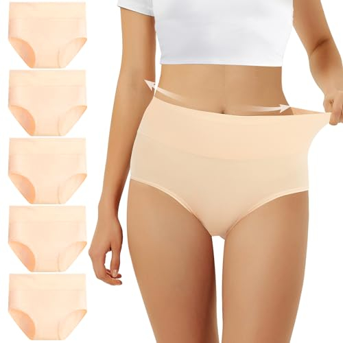 FALARY Unterhosen Damen Baumwolle Hohe Taille 5er Pack Stretch Atmungsaktiv Panties Weich Frauen Unterwäsche XL Hautfarben
